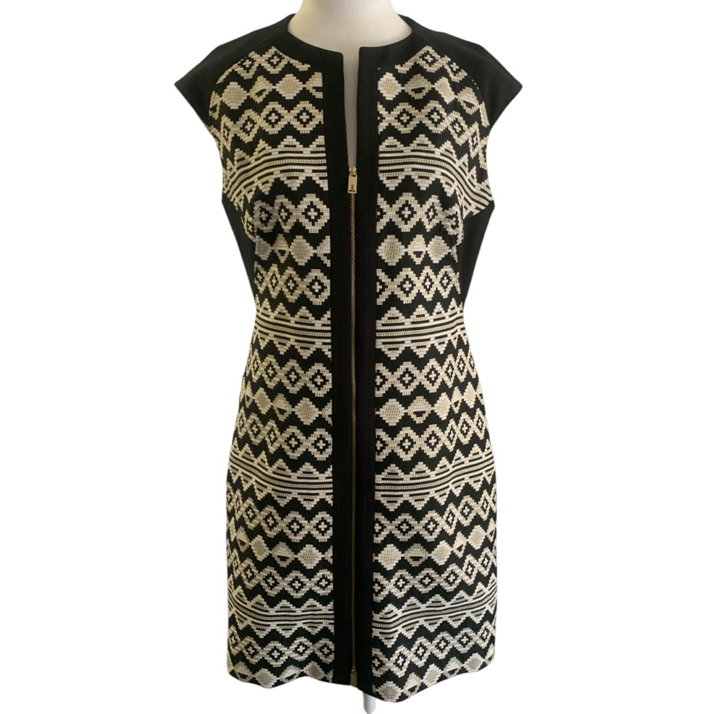 Ted Baker Black White Gold Geometric Patterned Sheath Dress Zip Front Career